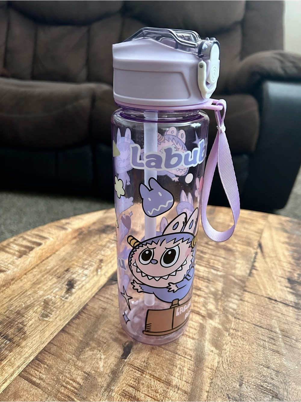 Labubu Purple Cartoon Water Bottle with Strap